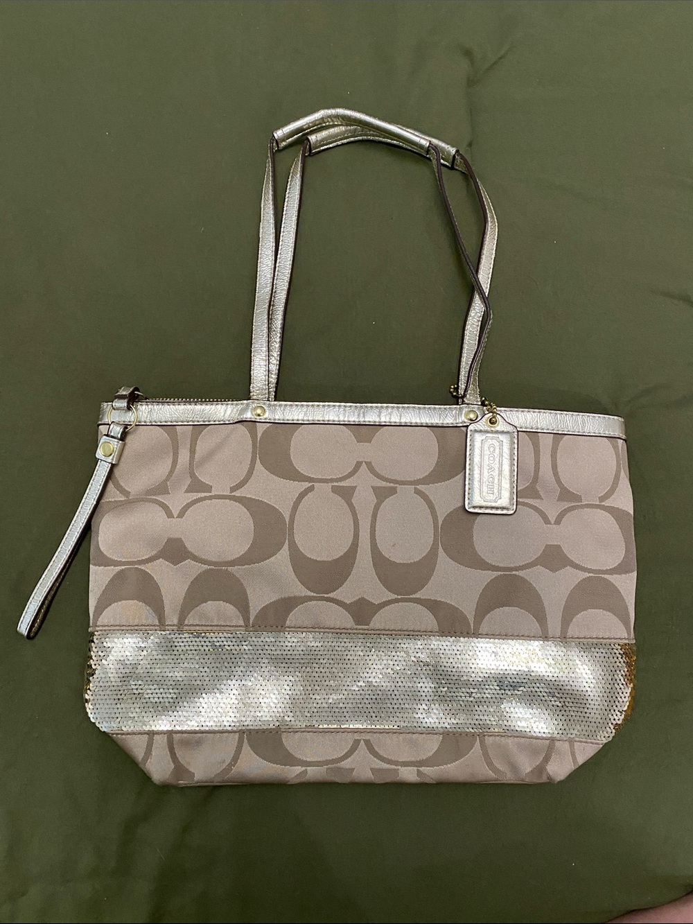 Coach y2k poppy Metallic Trim Signature Tote Bag in Taupe